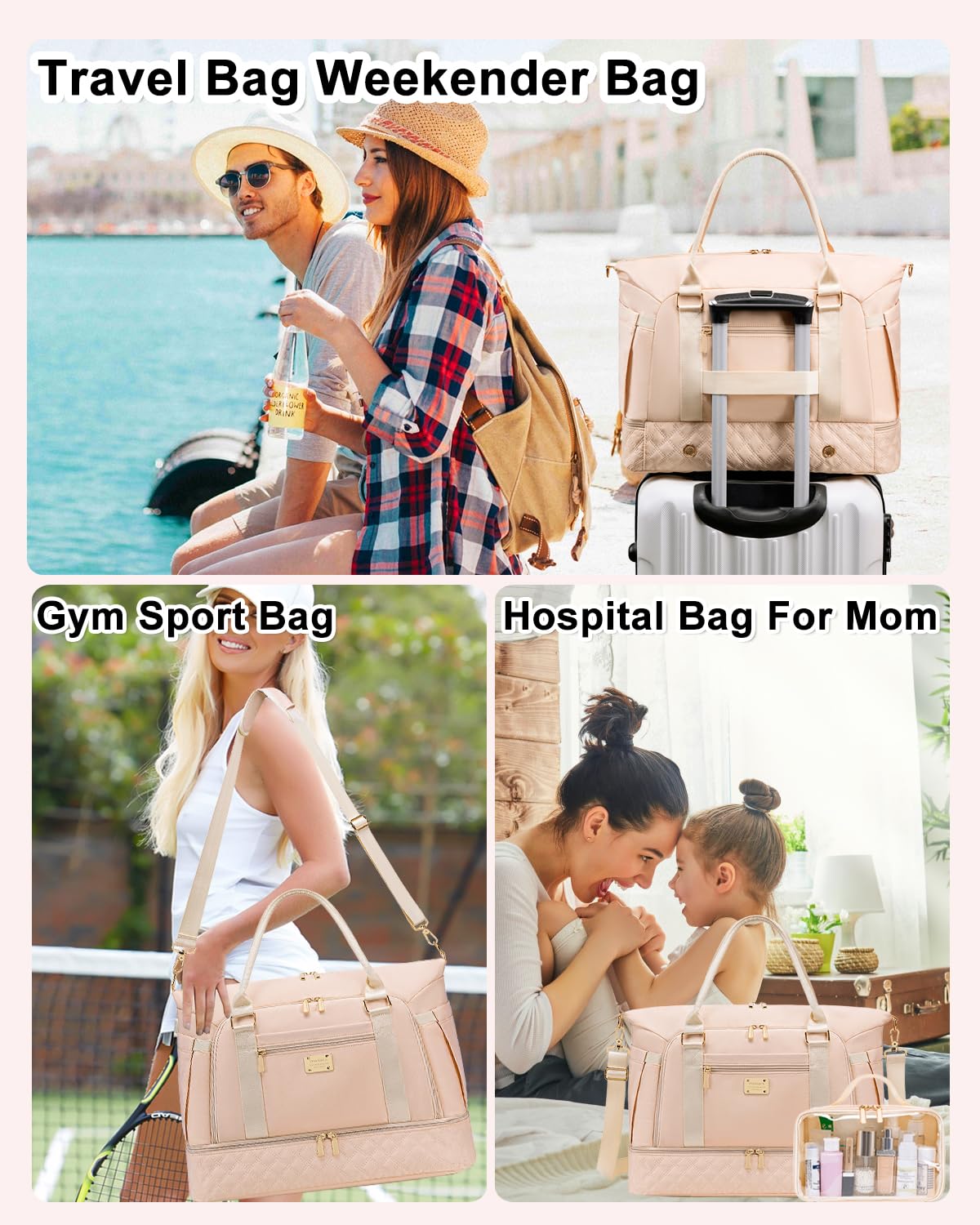 Weitars Women's Gym & Travel Duffle - Weekender with Shoes Compartment, Wet Pocket, Toiletry Bag, Carry-On for Airplanes & Hospital Use