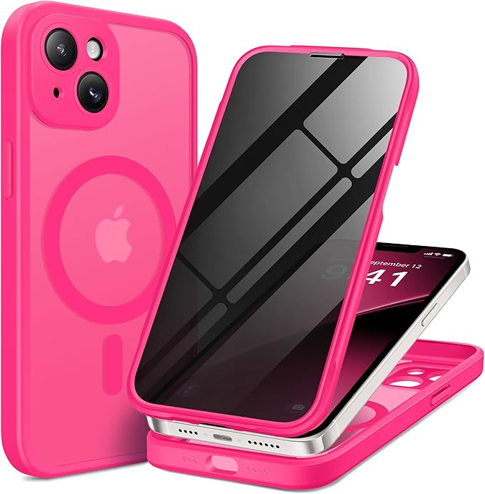 BERFY Magnetic for iPhone 14 Case, Compatible with MagSafe, Built-in Privacy Screen Protector and Upgraded Camera Protection, Anti-Spy Full Body Shockproof Phone Case for 14 6.1", Hot Pink