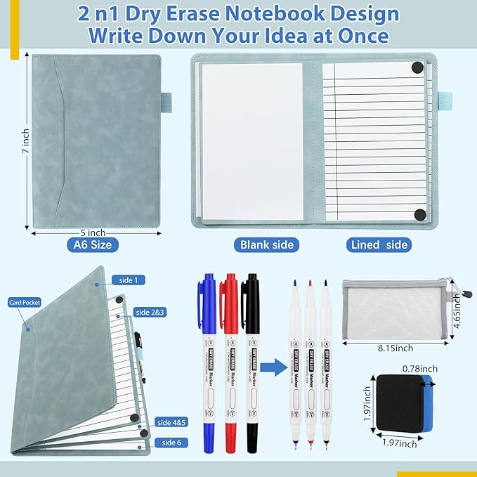 6 Sides Dry Erase Notebook Portable Whiteboards Notebook Small Reusable College Ruled Lined Board Folding Mini Travel Dry Erase White Board for Office Study(Haze Blue,A6: 5 x 7 Inches)