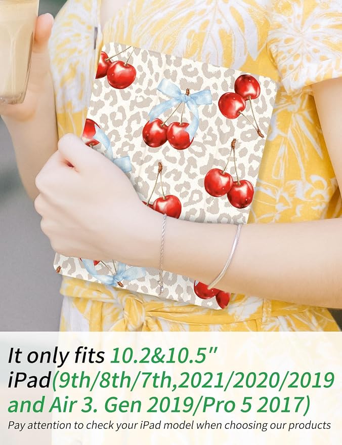 Case for iPad 9th/ 8th/ 7th Generation Case 10.2&amp10.5 Inch (2021/2020/2019 Release) Slim Lightweight Soft Trifold Back Cover with Pencil Holder &amp Auto Sleep/Wake Cover Cherries Cheetah Bows