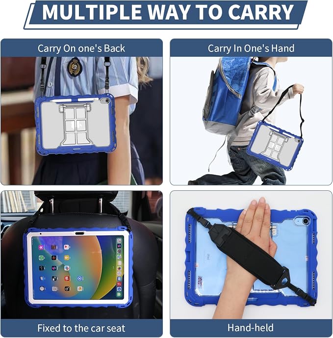 iPad (A16) 11th Generation 2025 11-inch/10th Generation 2022 10.9-inch Protective Case Silicone Shockproof Case with Screen Protector Pencil Storage Slot Shoulder Strap Handle Stand (A-Blue)