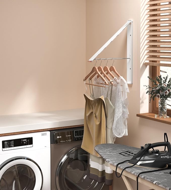 Dr.DJ Clothes Drying Rack with Rod, Wall-Mounted Retractable & Foldable Clothes Hanger for Laundry Room Organization and Storage, Metal Clothes Hanger Rack for Dorm, Closet, Balcony 2Rack,1Rod White