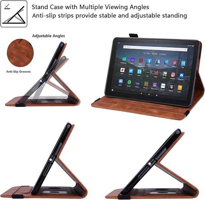 for Kindle Fire HD 8 Tablet (only Fits 10th Generation) &amp Fire HD 8 Plus 8 Case 2020 with Stand/Pencil Holder/Card Pocket/Elastic Band Embossed PU Leather Floral Cover Brown Peacock Flower
