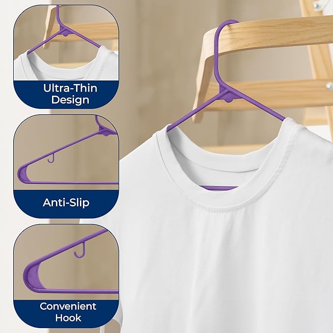 SereneLife 100 Pack Plastic Hangers, Non-Slip, Space-Saving Closet Organizers, Durable and Strong for Shirts, Sweaters, Hoodies, Kids Clothes & Dresses, Ultra-Thin, Lightweight