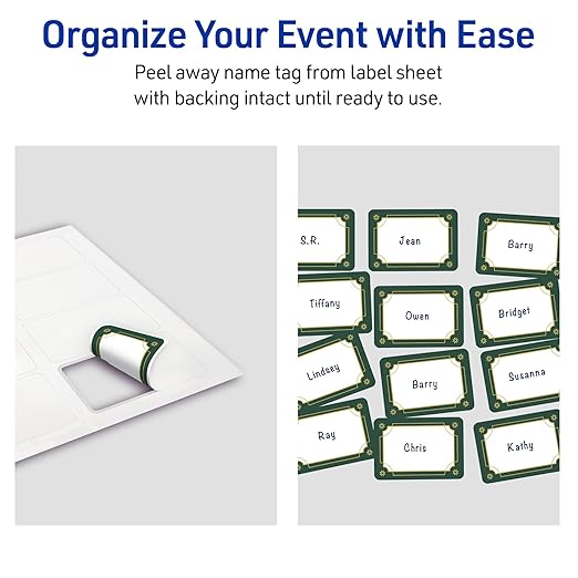 Avery Printable Christmas Adhesive Name Badges, Rectangle, 2-1/3" x 3-3/8", Pre-Printed Green & Metallic Gold Border Design, Matte White, Laser & Inkjet Compatible, 80 Total