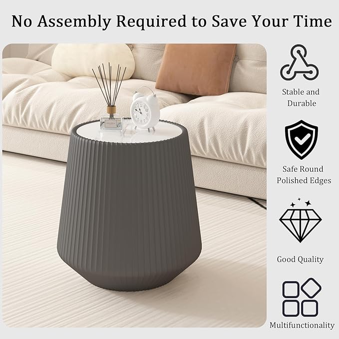 Round Coffee Table Set with Sintered Stone Tabletop, 26.77" Grey Drum Center Table and 19.68" White Coffee Table Set, 2 Pieces Living Room Table Set with Fluted PU Leather Cover& Stable Base