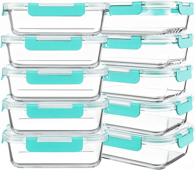 KOMUEE 10 Packs 30 oz Glass Meal Prep Containers,Glass Food Storage Containers with Lids,Airtight Lunch Bento Boxes, Microwave, Oven, Freezer and Dishwasher,Green