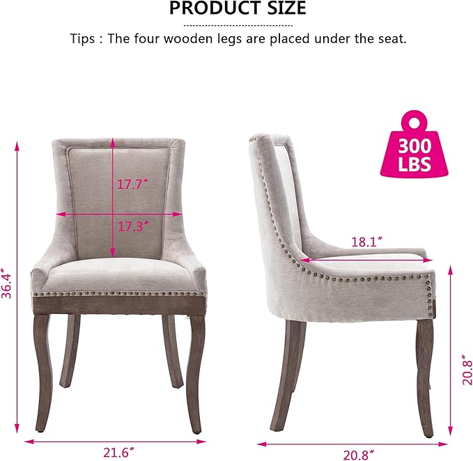 Farmhouse Dining Chairs Set of 6, Upholstered Fabric Dining Room Accent Chairs with Wood Legs & Bronze Nailhead, High Wingback Kitchen Chairs for Living Room Hotel Apartment, Beige