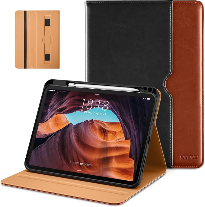 DTTO for iPad (A16) 11th Generation 11-inch &amp 10th Gen Case Brown | Premium Leather Business Cover with Pencil Holder Hand Strap &amp Pocket Corner Protection Auto Sleep/Wake for Work &amp