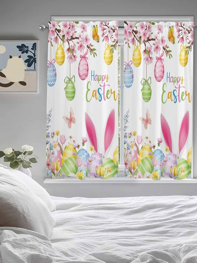 Happy Easter Living Room Curtains 72 Inches length, Spring Watercolor Bunny