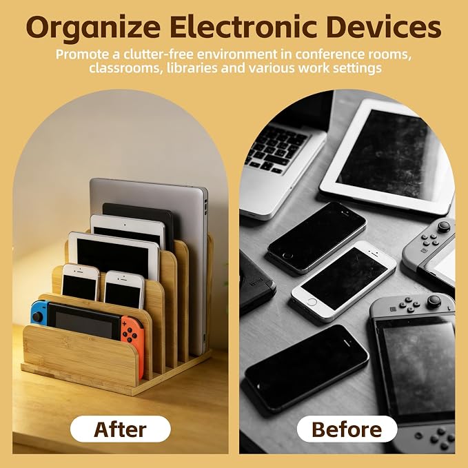 Device Organizer Holder 5 Slots Bamboo Stand for Organizing Electronic Devices Organize Tablets Smartphones Laptops and Game Consoles Slot Width are Adjustable Also Organize Mails and Files