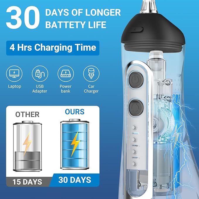 JNGOODS Cordless Water Dental Flosser Oral irrigator,JNGOODS 300ml Rechargeable Water flosser for Teeth IPX7 Waterproof 4 Modes Portable Oral Irrigator with 4 Jet Tips, Travel Home use