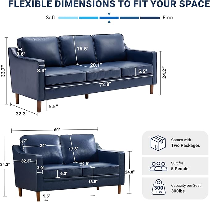 Kingfun Living Room Furniture Sets, 3 Seater Couch and Loveseat, Mid Century Modern Sofa Set, Faux Leather Couch with Solid Wood Frame for Living Room & Bedroom, Royal Blue