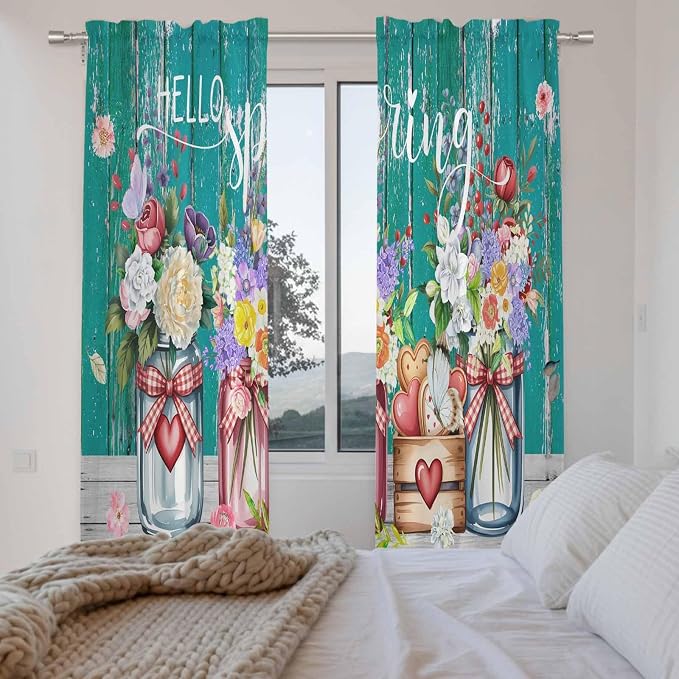 Spring Flowers Kitchen Curtains, Farmhouse Watercolor Teal Wood Grain Light