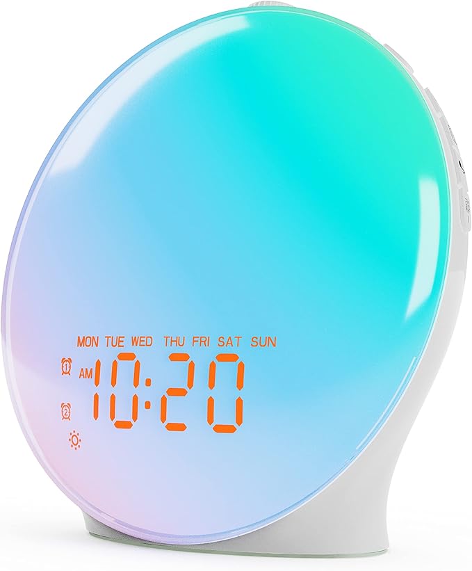 Wake Up Light Sunrise Alarm Clock for Bedroom, 17 Nightlights, Sound Machine with 5W Bluetooth Speaker, 25 Soothing Sounds, SleepTimer, Dual Alarms, FM Radio, Ideal Gift for Baby, Kids, Adults, Senior