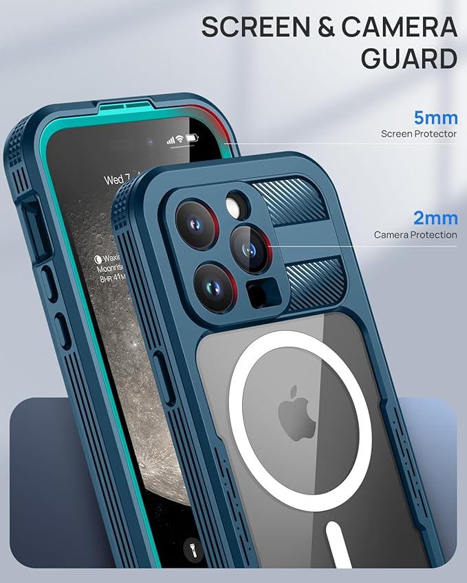 Lanhiem Magnetic for iPhone 15 Pro Max Case, IP68 Waterproof Dustproof Case, [Compatible with Magsafe] [Built-in Screen Protector] Full Body Heavy Duty Rugged Phone Cover 6.7 inch, Blue/Clear