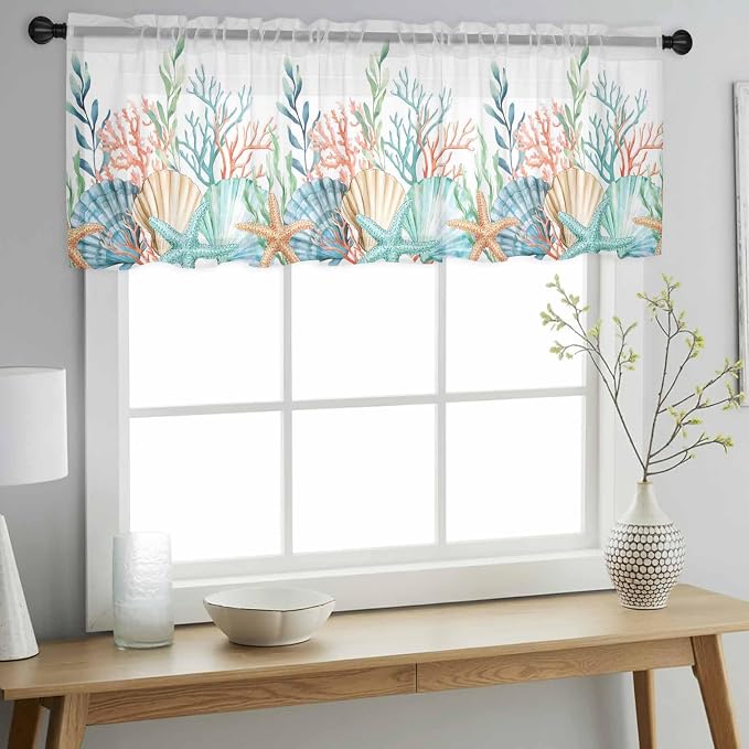 Summer Beach Sheer Valance Curtains, Ocean Colorful Coral Shell Seaweed