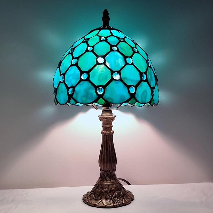 Small Tiffany Table Lamp 8 Inch Tiffany Style Desk Lamp Stained Glass Antique Light Bedroom Bedside Lamp Retro Reading Lamps (Green Pearls Style)