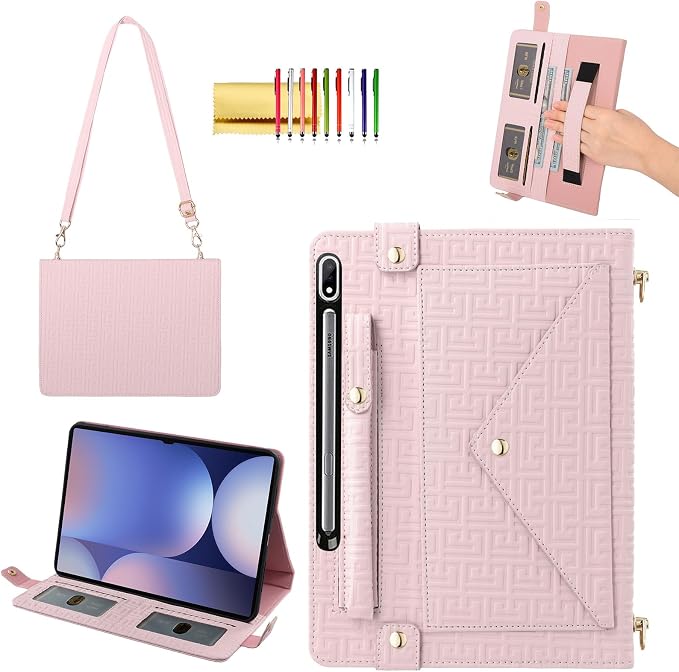 Handbag Case for Samsung Galaxy Tab S10 FE/S9 FE 10.9/S9/S8/S7 11 Techcircle Folio Stand Crossbody Wallet Protective Cover with S Pen Holder &amp Card Slots Hand Strap &amp Shoulder Strap Black