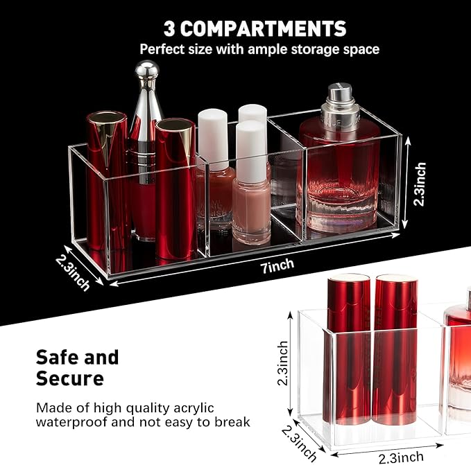 Epakh 2 Pieces Acrylic Cube Organizer 3 Compartments Clear Acrylic Pencil Holder Makeup Brush Drawer Organizer for Desk, Office, Vanity