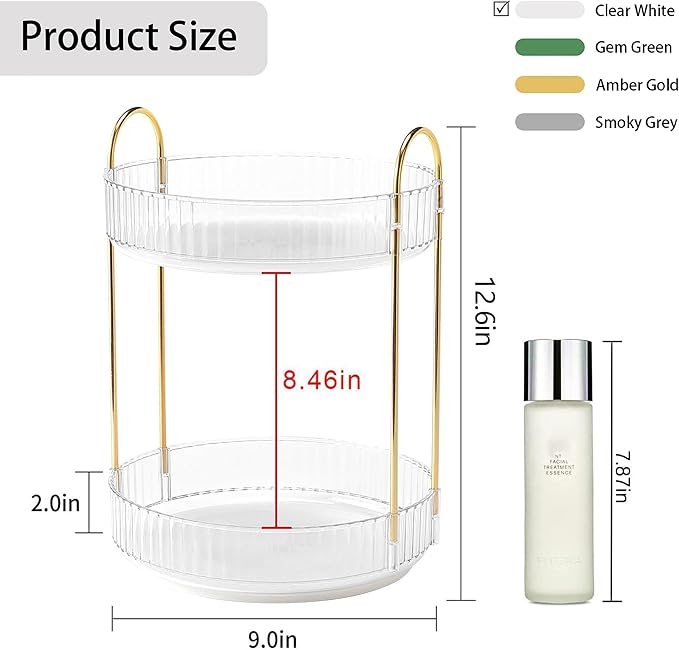 YCIA&DONE 360 Rotating Makeup Organizer and Storage for Vanity Bathroom Countertop, High Capacity Cosmetic Skincare Perfume Organizers for Dresser Lazy Susan (Clear White,2 Tiers)