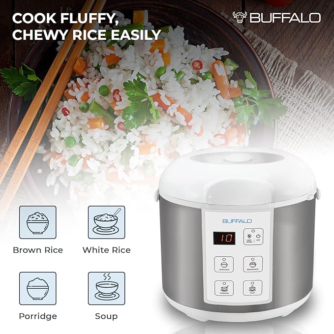 Buffalo Rice Cooker Stainless Steel Inner Pot Rice Maker Large, 10 Cup