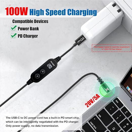 100W USB C to DC Charger Barrel PD Trigger Cable with 8 DC Conversion Heads and LED Display Screen DC 5V/9V/12V/15V/20V to DC Adapter Cable for Netbook Tablets Led Light Routers (3.9ft)