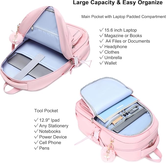 School Bag for Teens Girls,Girls Backpack Set,3 PCS Kids Backpack for Women,15.6 Inch Laptop Middle High School College Student Casual Travel Daypack with Lunch Box Pencil Pouch Set(Pink)