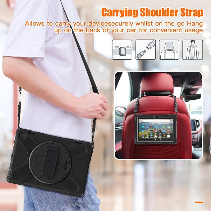 Rugged Case for Amazon-Kindle-Fire-HD-8 &amp 8 Plus Tablet (12th Generation 2022) 8“ w/ 360° Rotating Hands-Free Kickstand Full Body Armor Heavy Duty Shock-Proof Cover w/Hand/Shoulder Strap(Black)