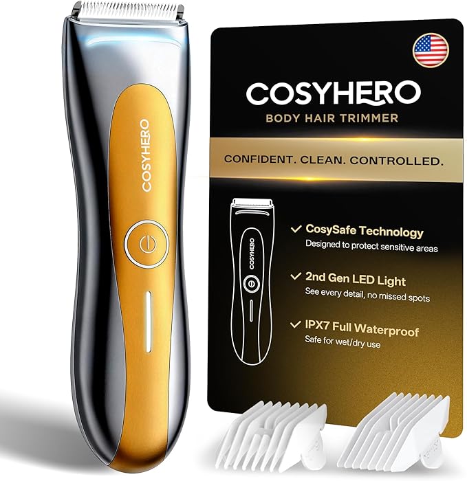 COSYHERO Manscape Groin & Body Hair Trimmer for Men, Electric Ball Shaver & Pubic Grooming Kit, LED Light, IPX7 Waterproof Wet/Dry Groomer, Rechargeable Manscaper with Ceramic Blades (Gold)