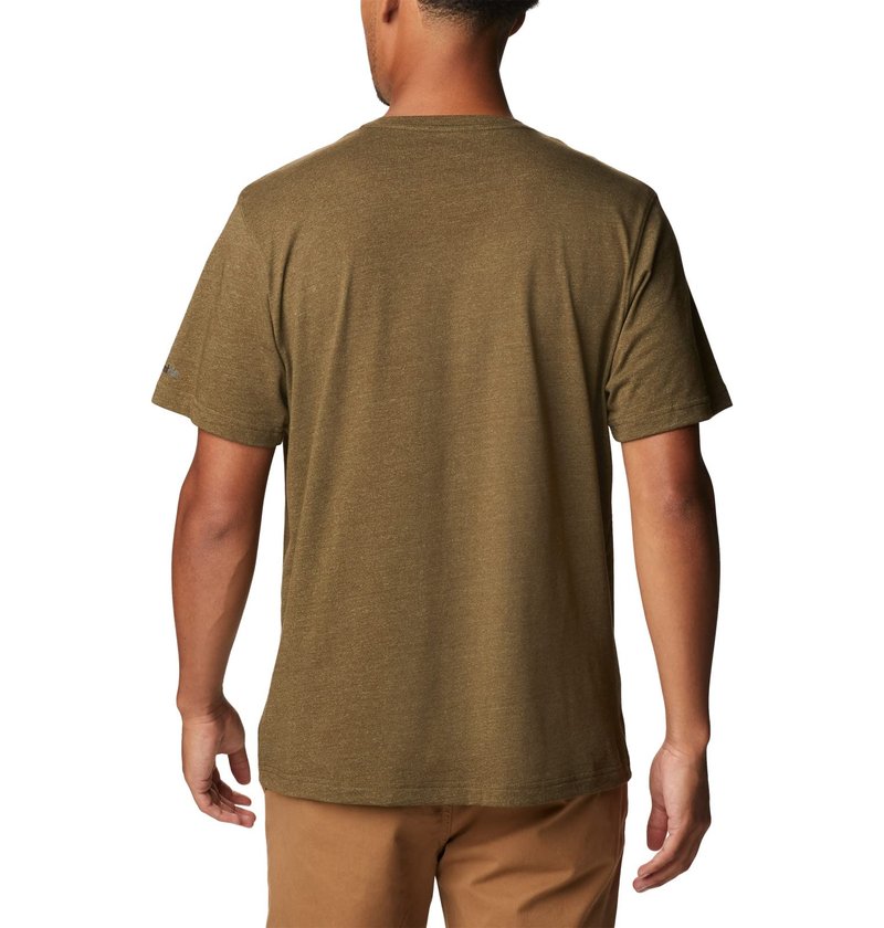 Columbia Men's Thistletown Hills Graphic Short Sleeve, Olive Green Heather/Wanderland Graphic, Medium