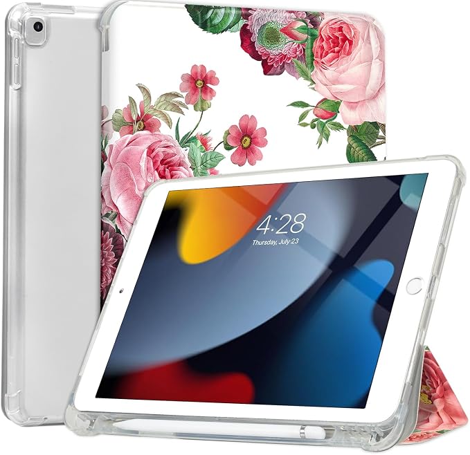 Lokigo for iPad 9th/ 8th/ 7th Generation Case 10.2 Inch (2021/2020/2019 Release) iPad Air 10.5 (3rd Generation) 2019 /Pro 10.5 2017 Case with Translucent Hard Shell Back -Flowers