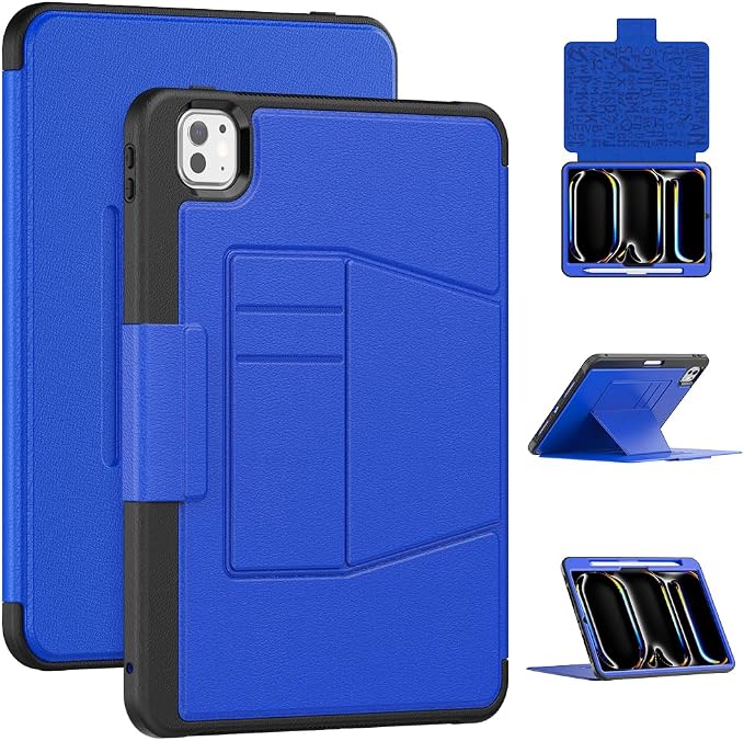 for iPad Pro 11 inch Protective Case M5 2025/M4 2024: Heavy Duty Shockproof Case with Pencil Holder - 360°Rotating Handle/Stand - Screen Protector - Shoulder Strap Black/Sky Blue