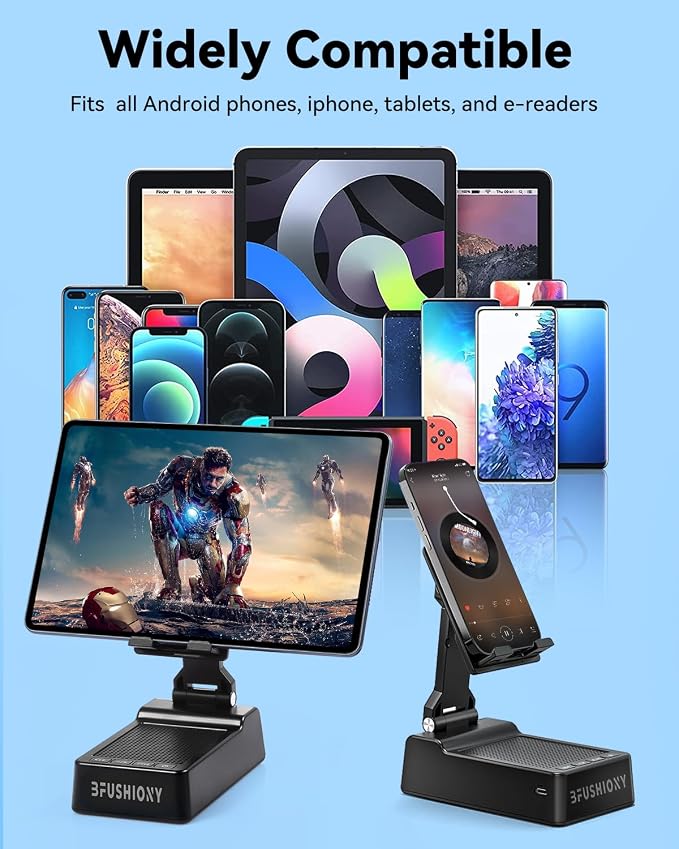 Birthday Gifts for Women Men 7 in 1 Multi-Function Phone Stand with Bluetooth Speaker Portable Charger Alarm Clock LED Light USB Playback Hands-Free Calling (Black)
