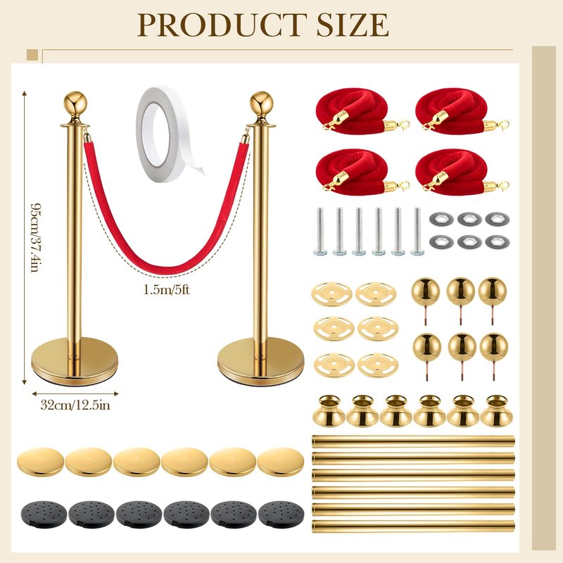 Pelopy 12 Pcs Stanchion Posts with Velvet Ropes and Red Carpet 26 ft, Crowd Control Barrier Set, 38" Gold Queue Poles for Wedding, Graduation, Party, Event Entrance Decor