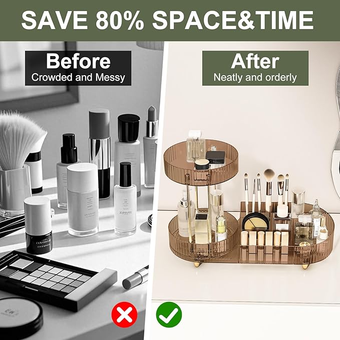 DASITON 360° Rotating Makeup Organizer for Vanity, 2 Tier Perfume Cosmetic Skincare Organizers with Makeup Brush Holder, Large Capacity Cosmetic Display Case for Bedroom Bathroom Countertop (Coffee)