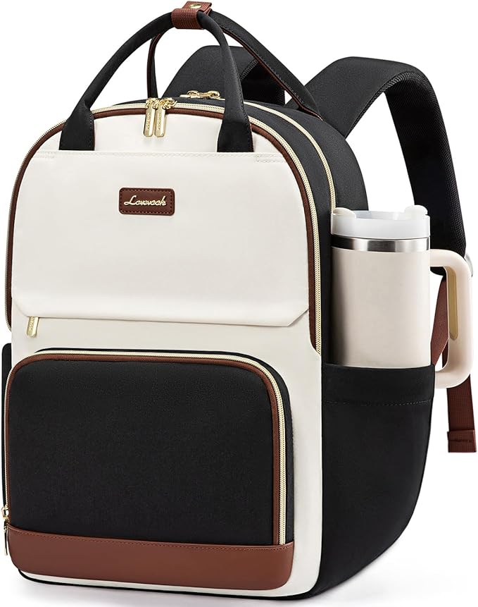 LOVEVOOK Laptop Backpack for Women with Giant Tumbler Holder Pocket, 15.6 inch Travel Work Backpack Purse for Teacher Nurse, Waterproof College Book Bag Cute Casual Daypack, Beige-Black-Brown