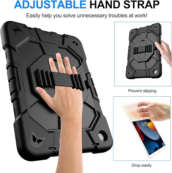 Heavy Duty Shockproof Case for Samsung Galaxy Tab A9+ Plus 11 2023 (SM-X210/X216/X218) [Dual Front Frame] with/No Screen Protector 360 Rotating Stand Hand &amp Shoulder Strap (Black/Black)