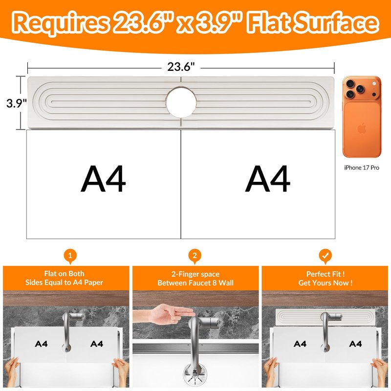 23.6 Inch Stone Faucet Mat for Kitchen Sink Splash Guard, Diatomite Sink Protectors for Kitchen Sinks Behind Faucet, Quick Dry Water Absorbing Stone Tray , Drip Catcher (White, 23.6" x 3.9")