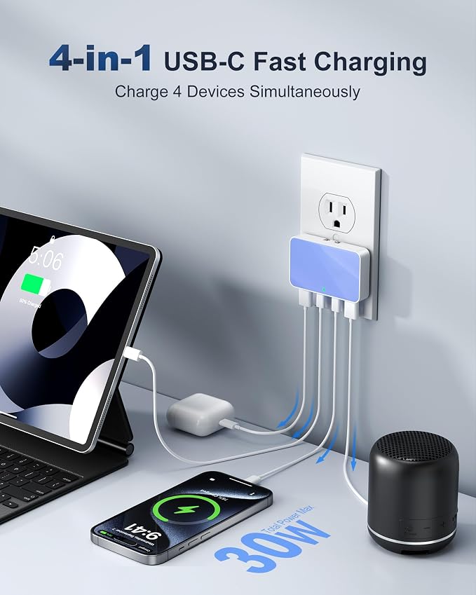 USB C Wall Charger Super Thin Flat USB Wall Plug with 4 Ports Fast Charging USB Plug Adapter with PD20W for Home and Travel (Blue)