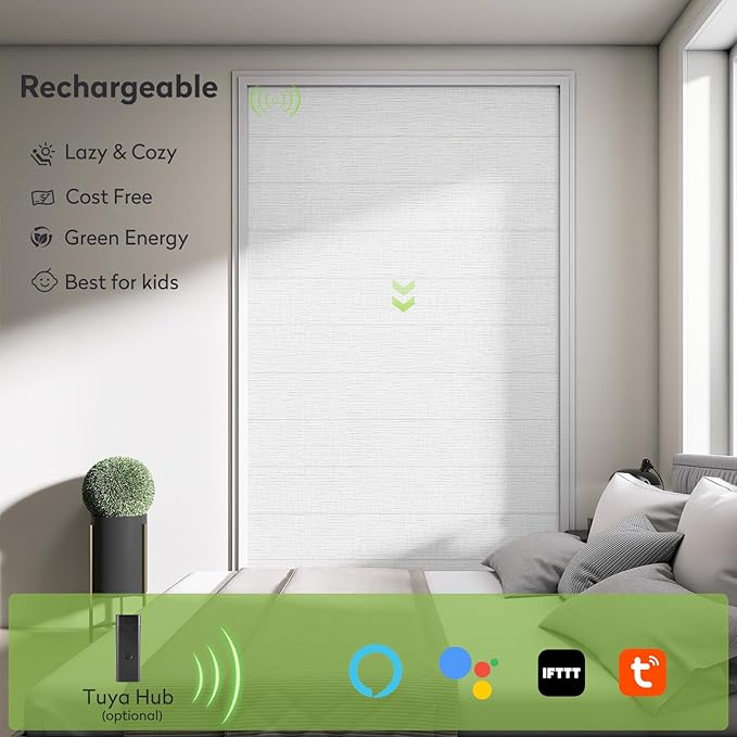 ZSTARR Smart Roman Shades Rechargeable Motorized Blinds with Remote Full Blackout Roman Window Shades Plain Fold Soft for Doors Bedroom, Custom Size (White)