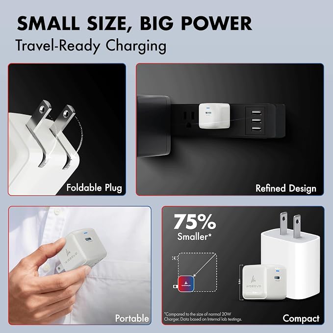 PD 20W GaN Charger Wozoyo Type-C Fast Charger Compatible for iPhone 17/16/16 Pro Max/15 Series/iPad Pro Smartphones &amp Tablets QC 3.0Compact Foldable Plug Design Smart Power Delivery