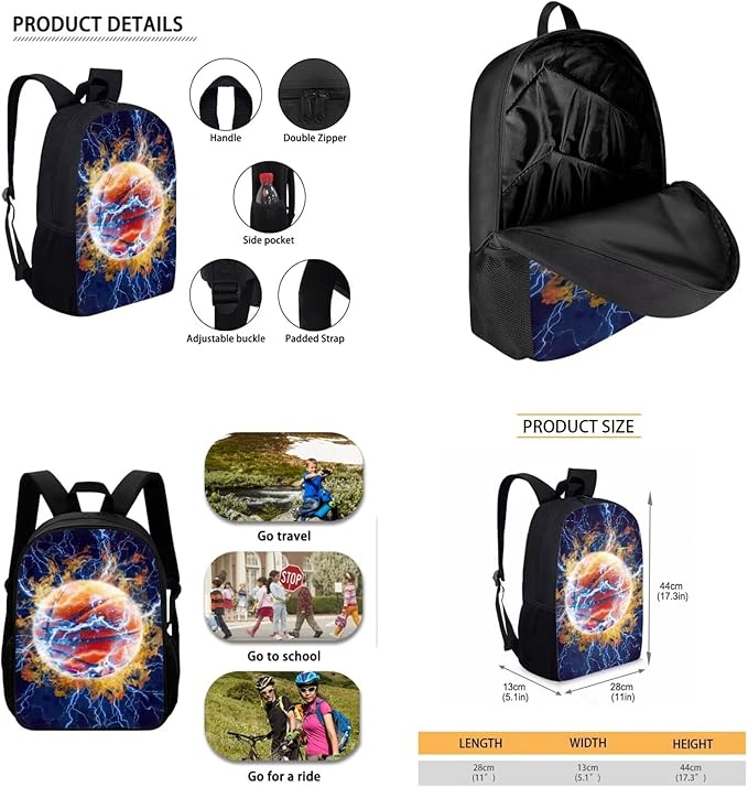 CLOHOMIN Lightning Basketball Backpack with Lunch Box for Boys 10-12, 3 in 1 Big Capacity School Book Bag Set for 6th Grade Insulated Lunch Bag for Middle School Bookbag and Pencil Bags Lunchbox