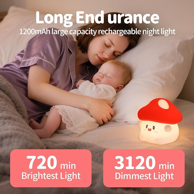 Rytinazzz Mushroom Night Light, Color Changing & 50-Hour Battery, Squishy Lamp with Pat Control for Kids Room Decor, USB Rechargeable, Valentines Gifts