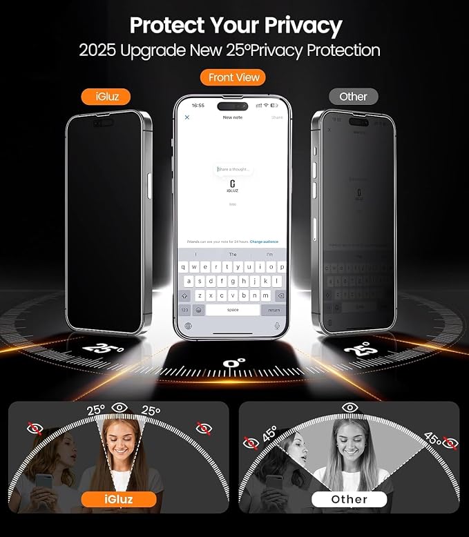 iGluz 4-Pack Privacy Screen Protector for iPhone 16 iPhone 15 and iPhone 14 Pro (6.1) 25° Anti-Spy Tempered Glass 9H Hardness 12FT Drop Resistant Auto-Align Installation Frame 3D Curved Edges