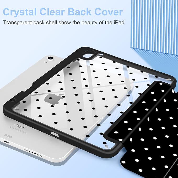 MecBevia Case for iPad Air 11-inch M4 2026 / M3 2025 / M2 2024 | Built-in Pencil Holder Shockproof Clear Hard Back Trifold Stand Auto Wake/Sleep Blue Bow
