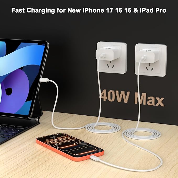 40W USB C Charger Block 2 Pack iPhone 17 16 15 Charger Block Brick Orange | 40 Watt USB C Wall Charger USBC Power Adapter Type C Brick Cube for iPhone 17/17 Pro/17 Pro Max/Air/16 15 14 13 12 11 Gal
