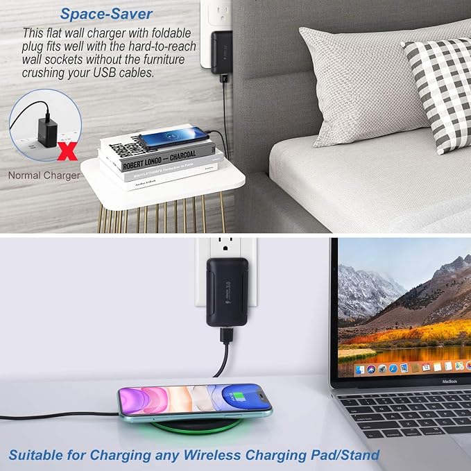 Eversame Ultra Slim Flat Portable USB Wall Charger Plug 2 Pack Black
