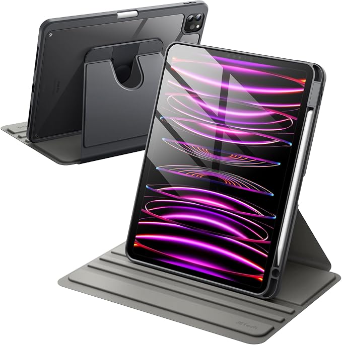 JETech Rotating Case Cover for iPad Pro 11 4/3 Black | For 2022/2021 Model 360° Rotation Stand Clear Back Design Auto Wake/Sleep Pencil Holder Full Protection