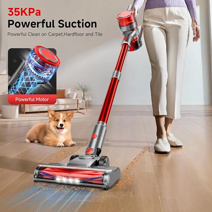 Cordless Vacuum Cleaner, 35Kpa Vacuum Cleaner for Home, 45Mins Stick Vacuum with LED Display, Anti-Tangle & Wall Mount Charging, 6 in 1 Lightweight Vacuum for Hard Floors, Carpet, Pet Hair (red)